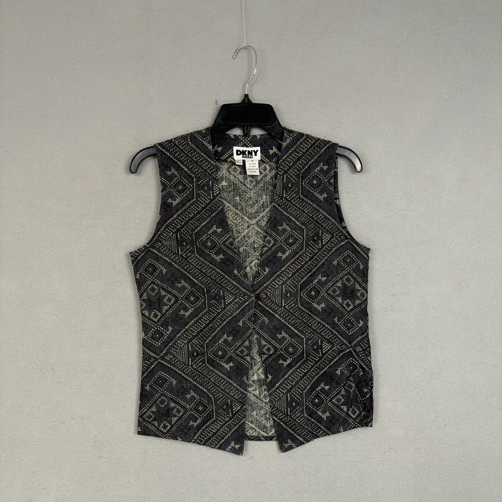Vintage DKNY Vest Womens Small Grey Linen Aztec Geometric Print Boho Tribal 90s